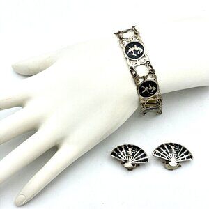 SIAM sterling silver niello enamel set - 7.25" panel bracelet & fan clip earring